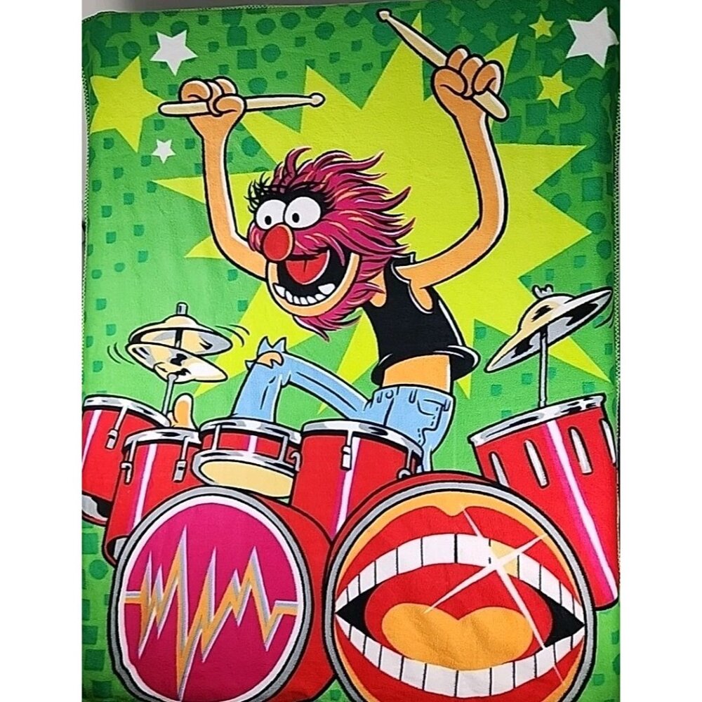 Vintage Disney Muppets Throw Blanket‎ Fleece Animal On Drums 59" x 48" Clean